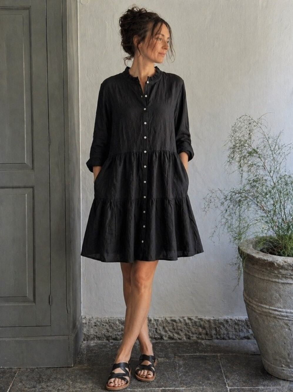 Alice Walk women's Black 100% Linen L/S Tiered Mini Shirt Dress w/Pockets Med M